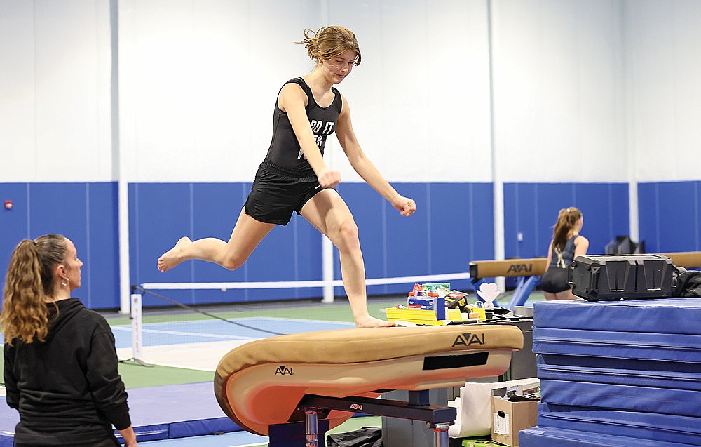 In this Nov. 7, 2023 file photo, Wendy Fronk practices on the vault during Rhinelander High School gymnastics practice at the YMCA of the Northwoods. Fronk is the lone returning gymnast for a Hodag gymnastics team that will showcase a new facility and six incoming freshmen tomorrow when it hosts the season-opening Snowflake Invitational at the Y. (Bob Mainhardt for the River News)