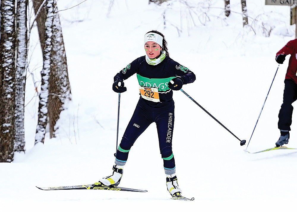 In this Jan. 14, 2023 file photo, Rhinelander’s Brynn Teter climbs a hill near the finish of the Hinderbinder Ski Race in Rib Lake Saturday, Jan. 14. Teter is the top returning skier for the Hodag Nordic ski team, placing 23rd in the overall WNSL standings last year. (Jeremy Mayo/River News)
