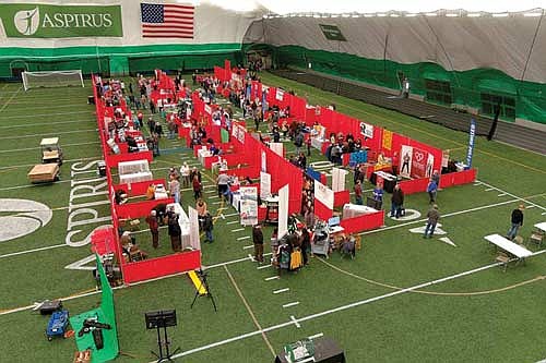 This March 2, 2023 file photo gives an overhead view of the inaugural Up North Community Expo at the Hodag Dome in Rhinelander. The Rhinelander Area Chamber of Commerce is taking applications for vendors for the second annual event, scheduled for Thursday, March 7, 2024. (Photo by Bob Mainhardt for the River News)