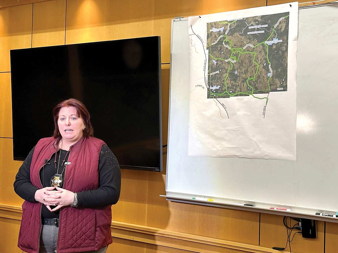 In this April 18, 2023 file photo, Oneida County sheriff’s captain Terri Hook updates members of the media on the search for missing teens Dakota Brown and Aiden Grefe. The bodies of the two teens were found April 17 in the Oneida County Forest in the Town of Enterprise, Hook said. Authorities recently concluded their investigation into the case, finding that Brown and Grefe died of hypothermia. No charges are to be filed. (Photo by Heather Schaefer/River News)