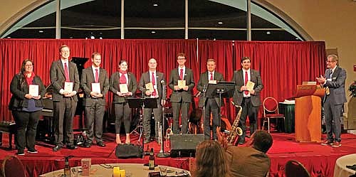 Lakeland Union High School band director Bill Richter, third from left, was one of the Northwoods Marching Band directors awarded the WMEA Melvin F. Pontius Creative Sparks in Music Education Award by WMEA President Brad Schneider at the annual Wisconsin State Music Conference on Oct. 25 in Madison. (Contributed photograph)