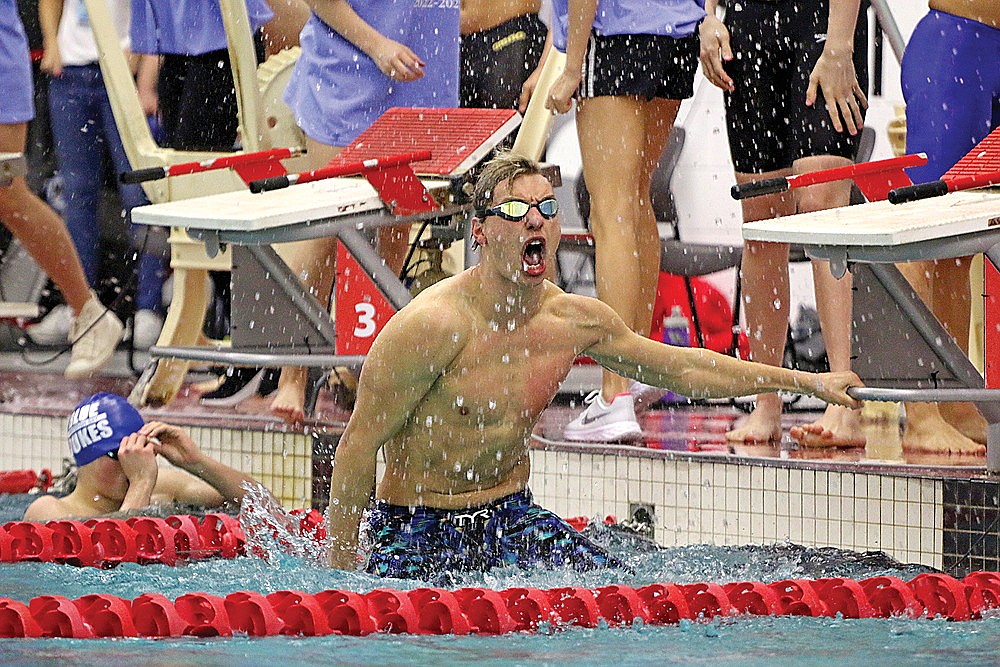 In this Feb. 17, 2023 file photo Rhinelander’s Charlie Heck reacts after winning the 200-yard freestyle relay during the WIAA Division 2 state championship meet in Waukesha. (Jeremy Mayo/River News)
