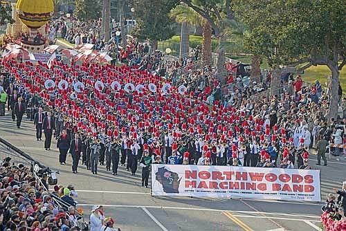 The Northwoods Marching Band performs during the Rose Parade in Pasadena, Calif. last January. Photo courtesy of Dave Junion. (Contributed photograph)