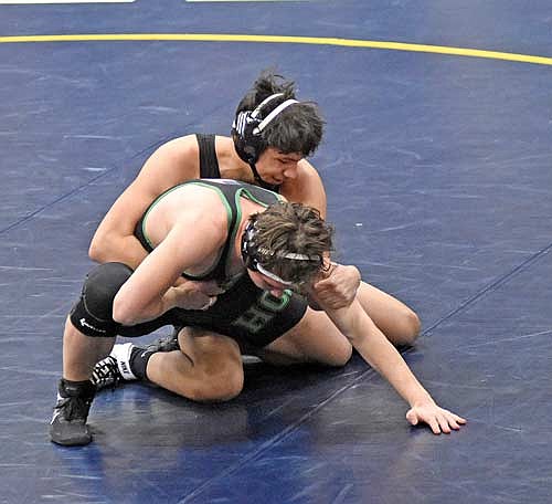 Carmelo Roche-Vetterneck, top, takes on Rhinelander’s Maxi Singhammer during a quad Thursday, Jan. 11 at Tomahawk High School. Roche-Vetterneck pinned Singhammer in 5:30. (Photo by Brett LaBore/Lakeland Times)