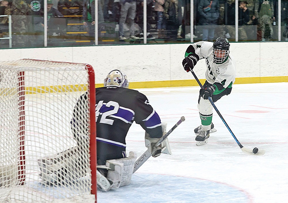 Rhinelander’s Joey Belanger skates in for a power play goal during the first period of a GNC boys’ hockey game against Mosinee at the Rhinelander Ice Arena Thursday, Jan. 11. Belanger scored twice in the game, giving him 99 goals for his career, but the Hodags lost, 6-3. (Bob Mainhardt for the River News)