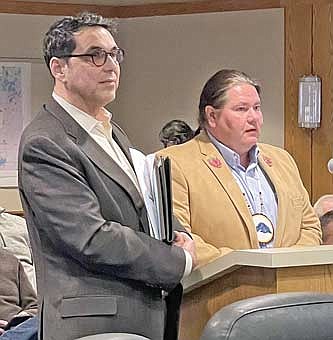 Bryan Bainbridge, right, chief executive officer of the Great Lakes Inter-Tribal Council, addresses the Oneida County board’s planning and development committee on Wednesday, Jan. 17, 2024. Next to him is GLITC attorney Rod Carpenter. (Photo by Brian Jopek/Lakeland Times)