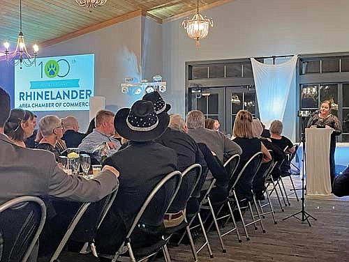 Lauren Sackett, executive director of the Rhinelander Area chamber of commerce, delivers formal remarks during the chamber’s 100th anniversary gala Thursday, Jan. 25, 2024 at the Pines Event Center. (Photo by Jeremy Mayo/River News)