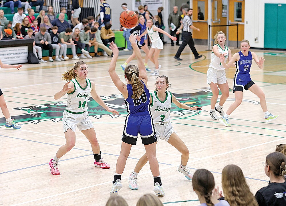 Rhinelander’s Lily Treder (14) and Morgan Van Zile (3) guard Three Lakes’ Jenna Erikson during the first half on a non-conference girls’ basketball game at the Jim Miazga Community Gymnasium Tuesday, Jan. 30. (Bob Mainhardt for the River News)