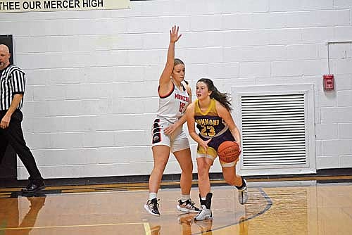 Rylinn Rossi guards Drummond’s Ella Wald in the second half Friday, Feb. 2 at Coach Leverson Court in Mercer. (Photo by Brett LaBore/Lakeland Times)