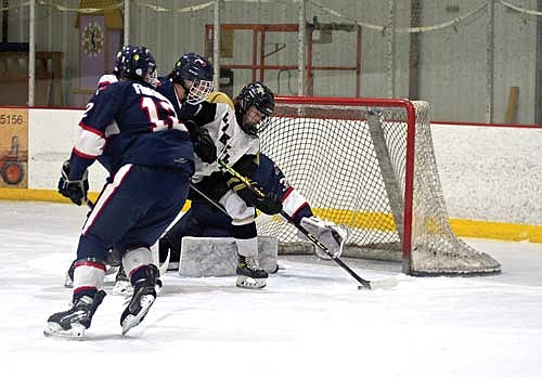 Al Meyer scores the game-winning goal in overtime against Waupaca during a Great Northern Conference Tournament semifinal game Tuesday, Feb. 6 at Lakeland Ice Arena in Minocqua. (Photo by Brett LaBore/Lakeland Times)