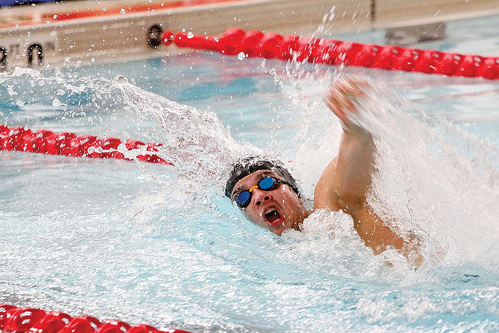 Rhinelander’s Samson Shinners swims the 200-yard freestyle during the GNC championship boys’ swim meet in Medford Friday, Feb. 2. Shinners enters WIAA Division 2 sectionals in Ashwaubenon on Saturday as the top seed in the sectional and the seventh fastest overall in the state. (Jeremy Mayo/River News)