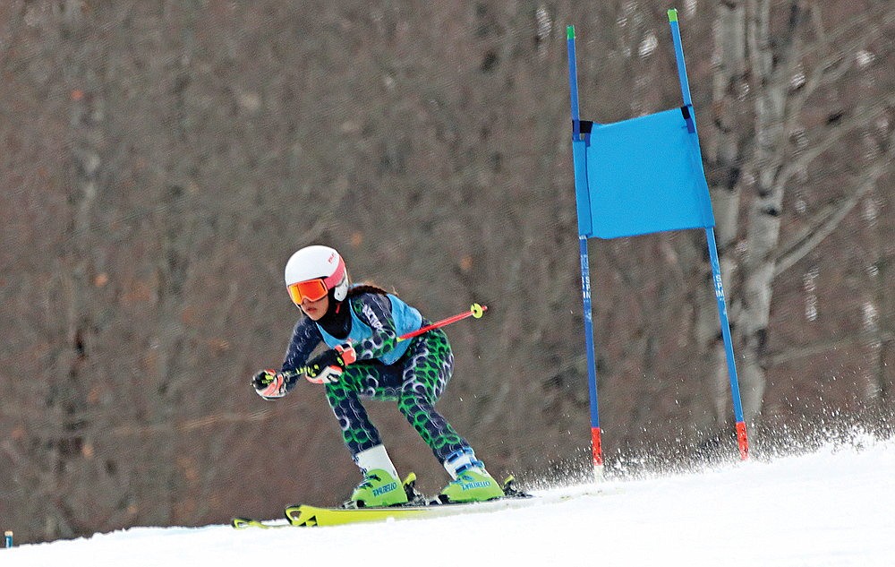 Rhinelander’s Aila Bergman competes in Super G during a Northern Conference girls’ ski race at Snow River in Wakefield, Mich. Tuesday, Feb. 6. Rhinelander won the inaugural Northern Conference Cup in girls skiing, which broke up the league’s co-ops and factored in results for each individual school. (Kate Reichl/Lakeland Times)