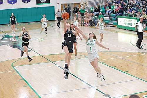 Ava Evenhouse attempts a shot defended against Rhinelander’s Aubryn Clark in a 60-34 win Friday, Feb. 9 at Jim Miazga Community Gymnasium in Rhinelander. The Thunderbirds won their second straight Great Northern Conference title going 12-0. (Photo by Bob Mainhardt for the River News)