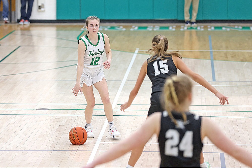 Rhinelander’s Leah Jamison handles the ball against Lakeland’s Alyssa Erickson during the first half of a GNC girls’ basketball game at the Jim Miazga Community Gymnasium Friday, Feb. 9. Lakeland’s extended zone held the Hodags to a season-low 37 field goal attempts. (Bob Mainhardt for the River News)