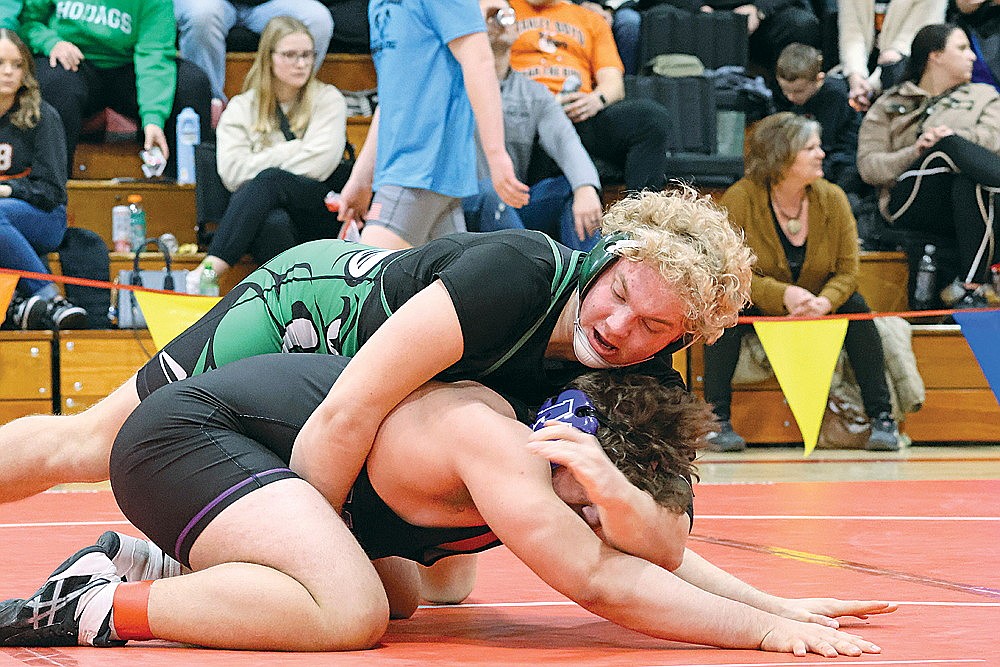 Rhinelander’s Owen Kurtz controls Mosinee’s Bruce Hintz during a WIAA Division 2 regional wrestling tournament in Medford Saturday, Feb. 10. Kurtz won the regional title at 215 pounds to advance to sectionals as the Hodags finished eighth on the day. (Matt Frey/Star News)