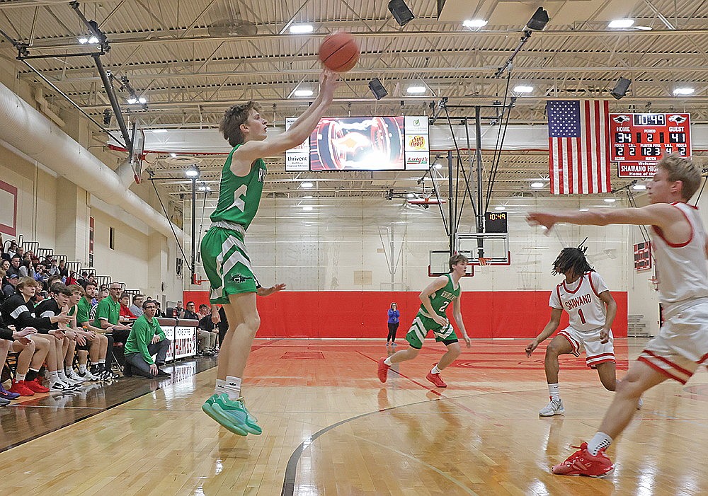 Rhinelander’s Seth Nofftz attempts a 3 during the second half of a non-conference boys’ basketball game at Shawano Tuesday, Feb. 13. Nofftz scored a career-high 20 points on 8 of 9 shooting as the Hodags defeated the Hawks, 72-55. (Jeremy Mayo/River News)