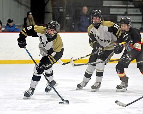 Kade Meyer takes a shot resulting in a Kort Meyer (15) goal in the first period of a regional final game against Pacelli Thursday, Feb. 15 at Lakeland Ice Arena in Minocqua. The Meyer brothers combined for five points. (Photo by Brett LaBore/Lakeland Times)