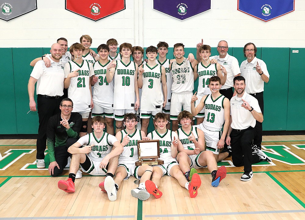 The Rhinelander High School boys’ basketball team poses with the Great Northern Conference championship trophy after defeating Medford 50-45 at the Jim Miazga Community Gymnasium Thursday, Feb. 22. It was Rhinelander’s first conference title since 2018. (Bob Mainhardt for the River News)
