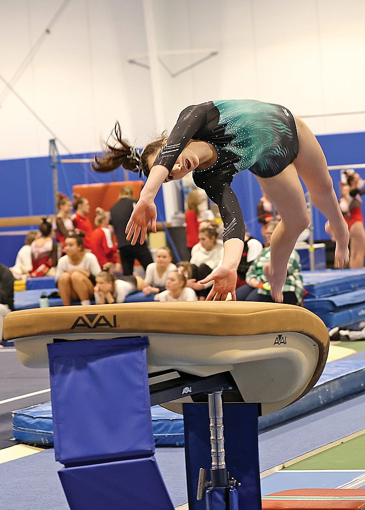 Rhinelander’s Alexis Smith performs her vault during the GNC Small meet at the YMCA of the Northwoods Saturday, Feb. 17. Smith finished second in the event at conference and could vie for a state qualifying position in the event tonight in a WIAA Division 2 sectional in Antigo. Her 8.368 average score is sixth-best in the field. The top five and ties in the event will move on to next weekend’s state meet in Wisconsin Rapids. (Bob Mainhardt for the River News)