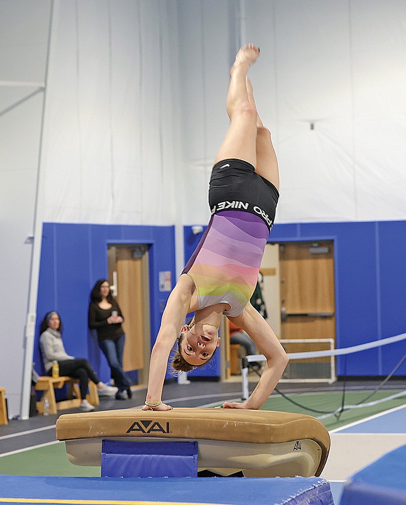 Rhinelander’s Alexis Smith practice her vault at the YMCA of the Northwoods Monday, Feb. 26. Smith was informed by the WIAA on Monday that she will compete on vault in the WIAA Division 2 state meet on Saturday as an alternate after one of the top-five finishers in the event from the Antigo sectional had to withdraw due to a prior family commitment. (Bob Mainhardt for the River News)
