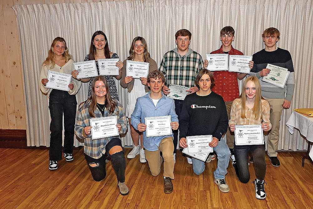 Rhinelander’Northland Pines Alpine Ski team award winners pose for a photograph following the team’s season-ending banquet at Holiday Acres Sunday, March 3. Pictured in the front row, from left to right, are Maddie Ewan, Ben Olson, Isaiah Willoughby and Sydney Sarkauskas. In the back row are Regan Moore, Eliana Conrad, Lindsey Hoerchler, Lukas Bishop, Holden Schmitz and Marshal Durkee. Award winner Owen Repenshek was unavailable for the photograph. (Bob Mainhardt for the River News)