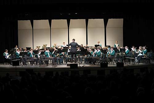 The RHS Concert Band and Wind Ensemble performs during Tuesday’s concert. (Photo by Bob Mainhardt/River News)