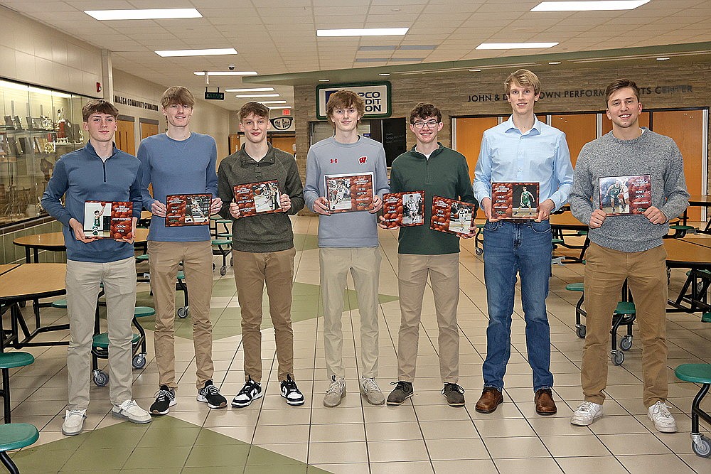 Rhinelander High School boys’ basketball varsity team award winners pose for a photograph following the team’s banquet in the RHS commons Wednesday, March 6. Pictured, from left to right, are Devon Feck, Noah Bell, Will Gretzinger, Seth Nofftz, Will Quinn, John Currie and James Heck. Award winner Evan Shoeder was unavailable for the photograph. (Bob Mainhardt for the River News)