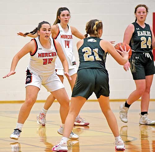 In this Nov. 14, 2023 file photo, Anya Brandenburg (20) plays defense in the second half against Chequamegon at Chequamegon High School. (Photo by Brett LaBore/Lakeland Times)