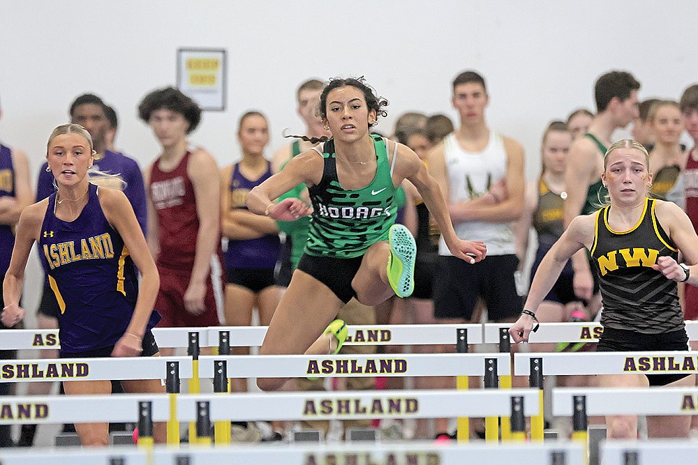 Rhinelander’s Aila Bergman races Ashland’s Keylee Bigboy, left, and Northwestern’s Addison Hanson, right, in the girls’ 60-meter hurdles during the Oredocker Large School Indoor Invite in Ashland Tuesday, March 19. Bergman won both the 60 and 200 hurdles as the Hodag girls placed fifth in the eight-team meet. (Jeremy Mayo/River News)