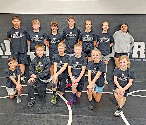 Lakeland wrestlers wrestling in the youth state tournament this weekend are, front row from left: Jayce Gonzalez, Chandler Davids, Mason Trapp, Kallen Howard, Kennedy Howard, Zehner Robison; back row from left: Tevin Wildcat, Owen Sauer, Michael Blohm, Caden Ehrhardt, Emma Louis, Zia Amershek, Jazmine Chapman. (Contributed photograph)