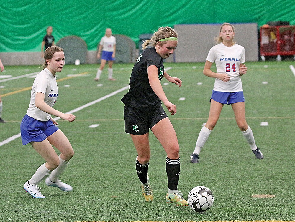 In this April 20, 2023 file photo, Rhinelander’s Sophie Miljevich creates space between Merrill defenders Madilyn Sell (6) and Destinee Rice (24) during the first half of a non-conference girls’ soccer game in the Hodag Dome. Miljevich is the top returning scorer for the Hodag this year after accumulating 21 goals and 17 assists a season ago. (Bob Mainhardt for the River News)