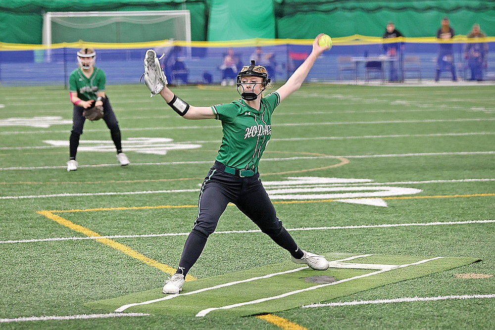 Rhinelander’s Nevaeh Anderson pitches during a non-conference softball game against Athens in the Hodag Dome Friday, March 22. (Bob Mainhardt for the River News)