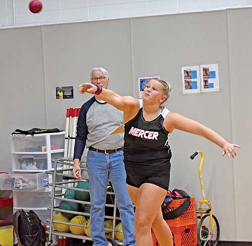 Eiley Schoeneman throws the shot put during the T-Bird Indoor Invite Saturday, March 23 at the Lakeland Union High School fieldhouse in Minocqua. Schoeneman won the shot put with a mark of 33-10. (Photo by Brett LaBore/Lakeland Times)