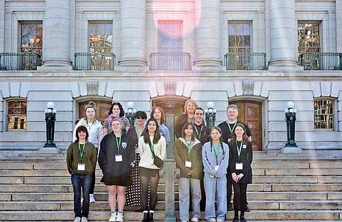 Rhinelander High School Raise Your Voice Club members stand on the Capitol steps before talking to elected officials. Bottom row, from left to right: Mikenzie Peter, Zeva Barret, advisor Mary King, Naomie Roberts, Kandis Roberts, Payton Klaver, Caley Baker. Top row, from left to right: Olivia Wanty, Evelyn Guolee, Angel Malone, advisor Sharon Krause, Rory Young, Blade Burke. (Contributed photograph)