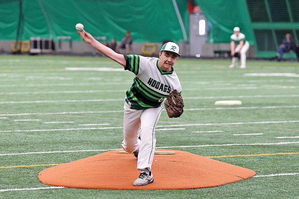 Rhinelander’s Max Ratty pitches during a baseball scrimmage against Crandon in the Hodag Dome Thursday, March 28. Ratty, a senior, is the lone returning all-conference player for the Hodags entering the 2024 season. (Bob Mainhardt for the River News)