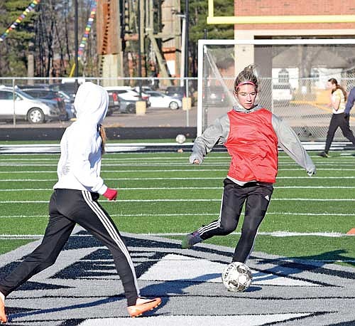 Josie Wentland controls the ball during the first week of practice Tuesday, March 19 at IncredibleBank Field in Minocqua. Wentland is one of two Lakeland captains this year and their only returning first team all-conference player. (Photo by Brett LaBore/Lakeland Times)