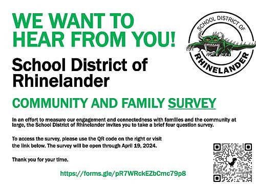 The School District of Rhinelander is once again asking for feedback from community members. To access the survey, visit the 'Community' section of the School District of Rhinelander website or scan the QR code above. (Submitted image)