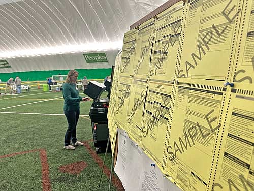 Sample ballots are displayed in the Hodag Dome, which served as the City of Rhinelander’s polling place for the Tuesday, April 2, Wisconsin primary election. According to election results, 43% of eligible voters in Oneida County voted in Tuesday’s election. (Photo by Renee Draszkiewicz/River News)