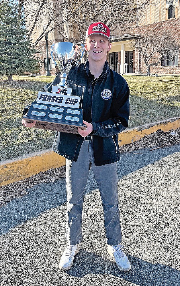 Rhinelander native Jake Losch holds the NA3HL’s Fraser Cup after a parade for the champion Helena Bighorns Thursday, March 29 in Helena, Mont. Losch played 40 games for the Bighorns during the 2023-24 season, recording 10 goals and 11 assists. (Submitted photo)