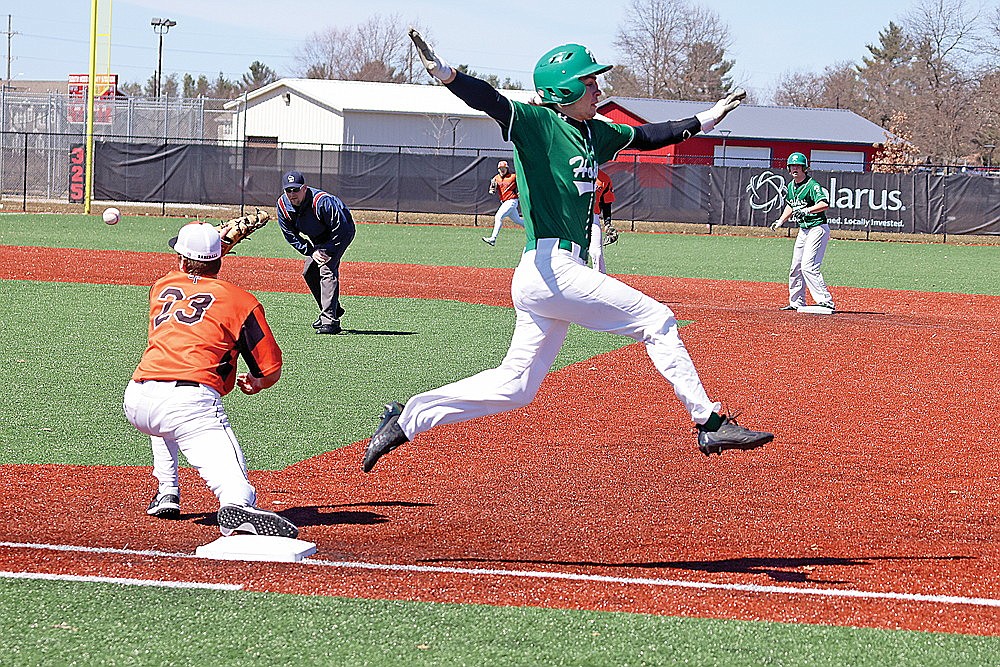 Rhinelander’s Adrian Patrone reacts after reaching safely on an infield hit during the second inning of the second game of a non-conference baseball doubleheader against Stratford in Wisconsin Rapids Saturday, April 6. Patrone collected two hits in the game, but the Hodags were swept by the Tigers, 13-1 and 8-2. (Bob Mainhardt for the River News)