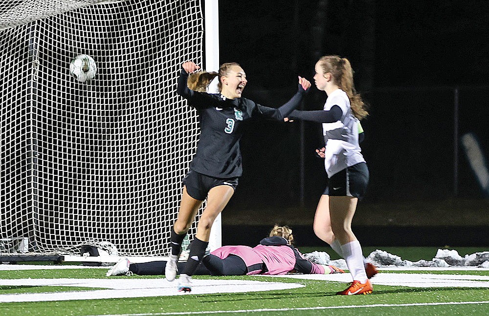 Rhinelander’s Morgan Van Zile reacts after scoring a goal during the second half on a non-conference girls’ soccer game against Washburn at Mike Webster Stadium Friday, April 5. (Bob Mainhardt for the River News)