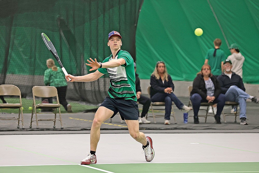 Rhinelander’s Gavin Denis hits a return during a GNC boys’ tennis match against Ashland in the Hodag Dome Tuesday, April 9. Denis won his match at No. 2 singles in straight sets and the Hodags opened the season with a 6-1 victory over the Oredockers. (Bob Mainhardt for the River News)