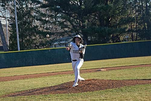 Jayden Chapman delivers a pitch to the plate during the seventh inning against Pacelli Friday, April 12 at Bukolt Park in Stevens Point. (Photo by Brett LaBore/Lakeland Times)