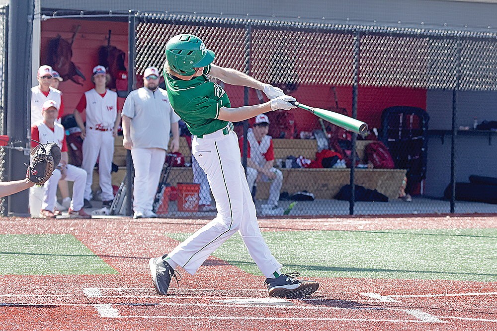 Rhinelander’s Seth Nofftz hits a single in the seventh inning of the second game of a non-conference baseball doubleheader at Wisconsin Rapids Saturday, April 13. Nofftz’s single broke up a perfect game big by Wisconsin Rapids’ Gage Honeyager as the Hodags were swept in the twin bill. (Jeremy Mayo/River News)