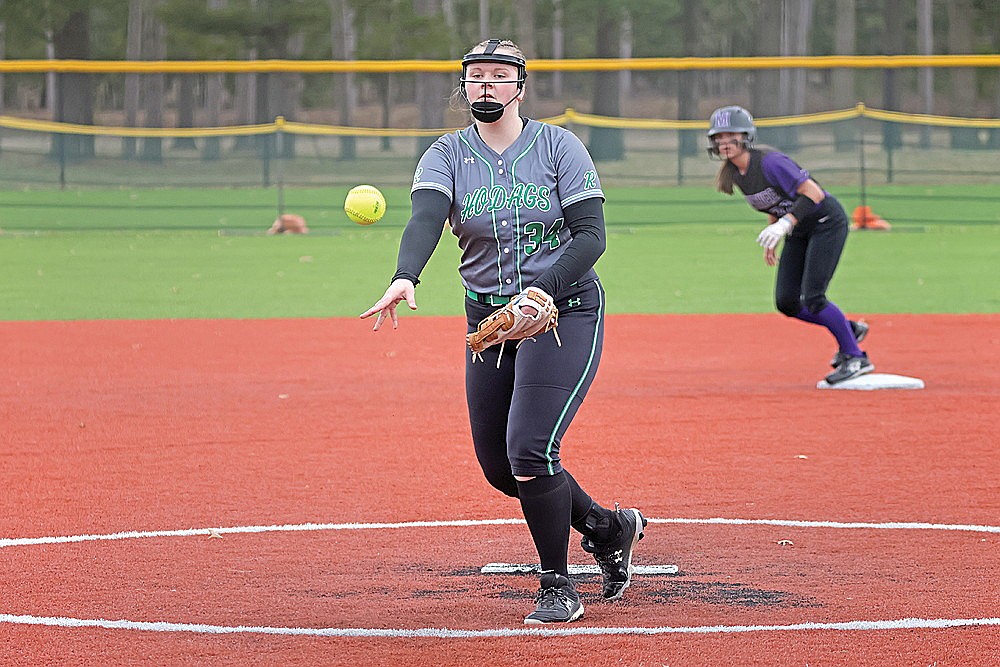 Rhinelander’s Libbey Buchmann pitches during the first inning of a GNC softball game at Mosinee Thursday, April 11. The Hodags gave up 10 runs in the first inning, and five more in the second, last they lost to the Indians, 15-0. (Jeremy Mayo/River News)