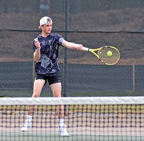 Jack Stepec hits a forehand shot in his No. 2 singles match against Rhinelander Tuesday, April 16 at the Lakeland Union High School tennis courts in Minocqua. Stepec improved his record to 7-1 this season. (Photo by Brett LaBore/Lakeland Times)