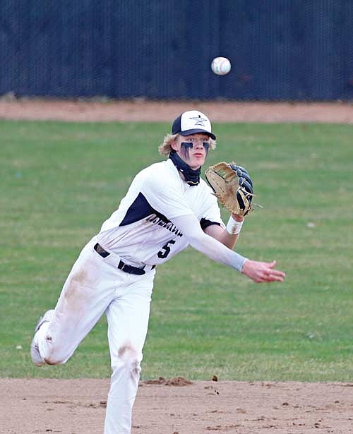 Danny Gahler throws the ball to first in the home opener against Mosinee Thursday, April 18 at the Lakeland Union High School baseball field in Minocqua. (Photo by Kate Reichl/Lakeland Times)