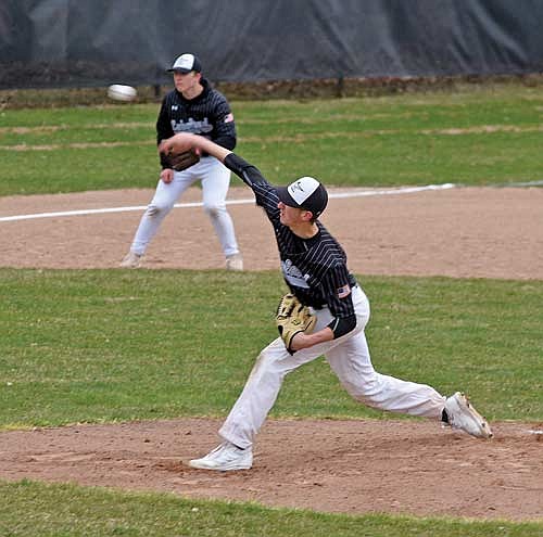 Ben Peterson throws a pitch in the first inning of a 10-0 win over Tomahawk Tuesday, April 23 at the Lakeland Union High School baseball field in Minocqua. Peterson threw a no-hitter with three strikeouts. (Photo by Brett LaBore/Lakeland Times)