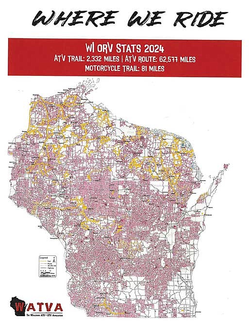 A map of Wisconsin’s motorcycle, ATV and UTV trails (yellow) and routes (red), which was included in WATVA’s recent economic impact summary report. (Contributed image)