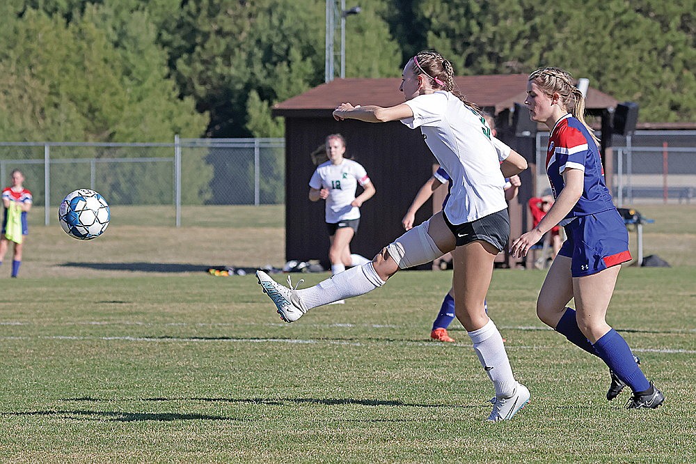 Rhinelander’s Morgan Van Zile fires a shot during the first half of a GNC girls’ soccer game against Northland Pines in Eagle River Thursday, April 25. Van Zile scored on the play, one of her two first-half goals in the Hodags’ 4-0 victory. (Jeremy Mayo/River News)